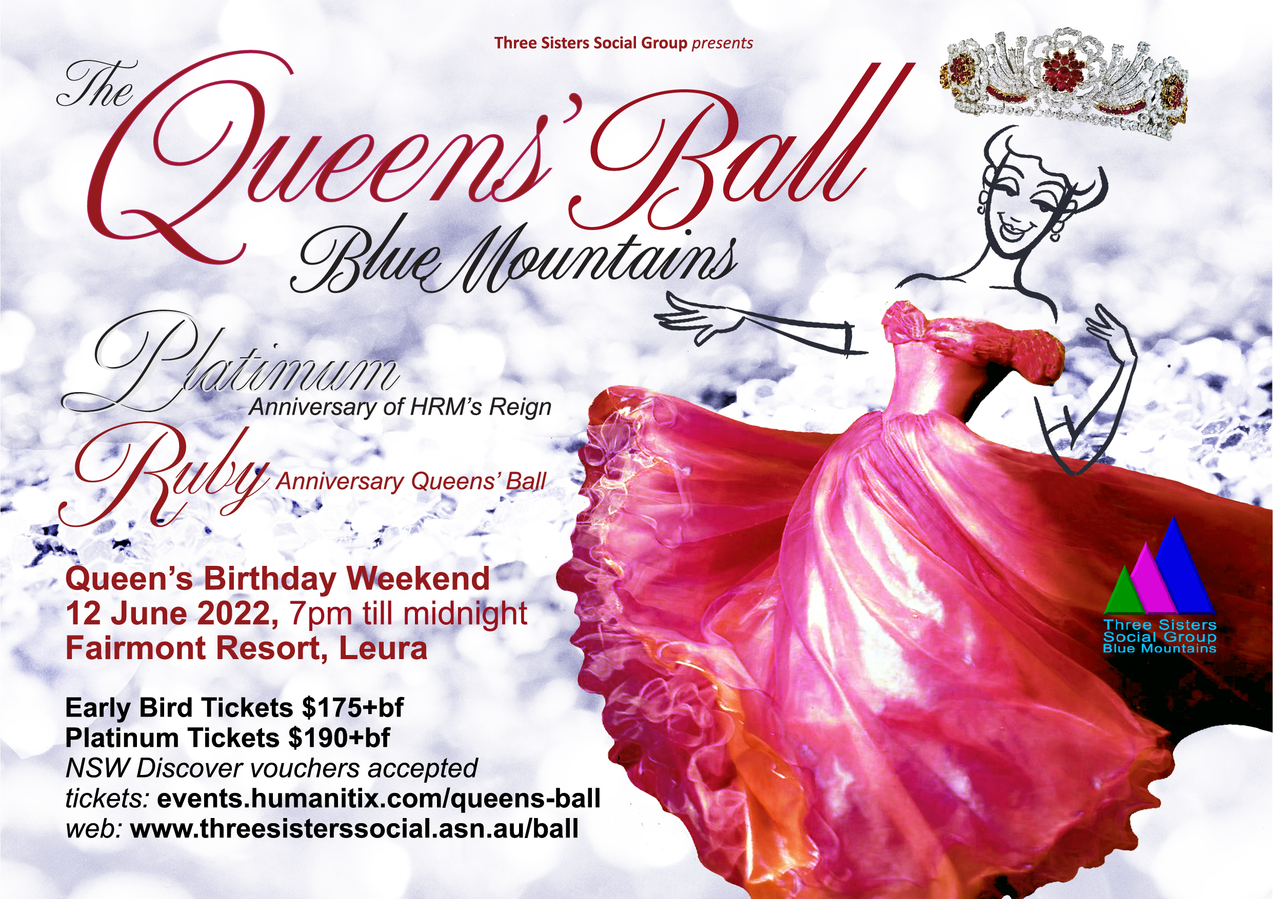 Flyer design for event promotion for Queens Ball event Three Sisters Group.