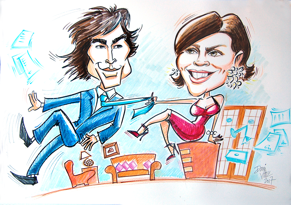 Digital caricature portrait of a couple as a gift from their staff